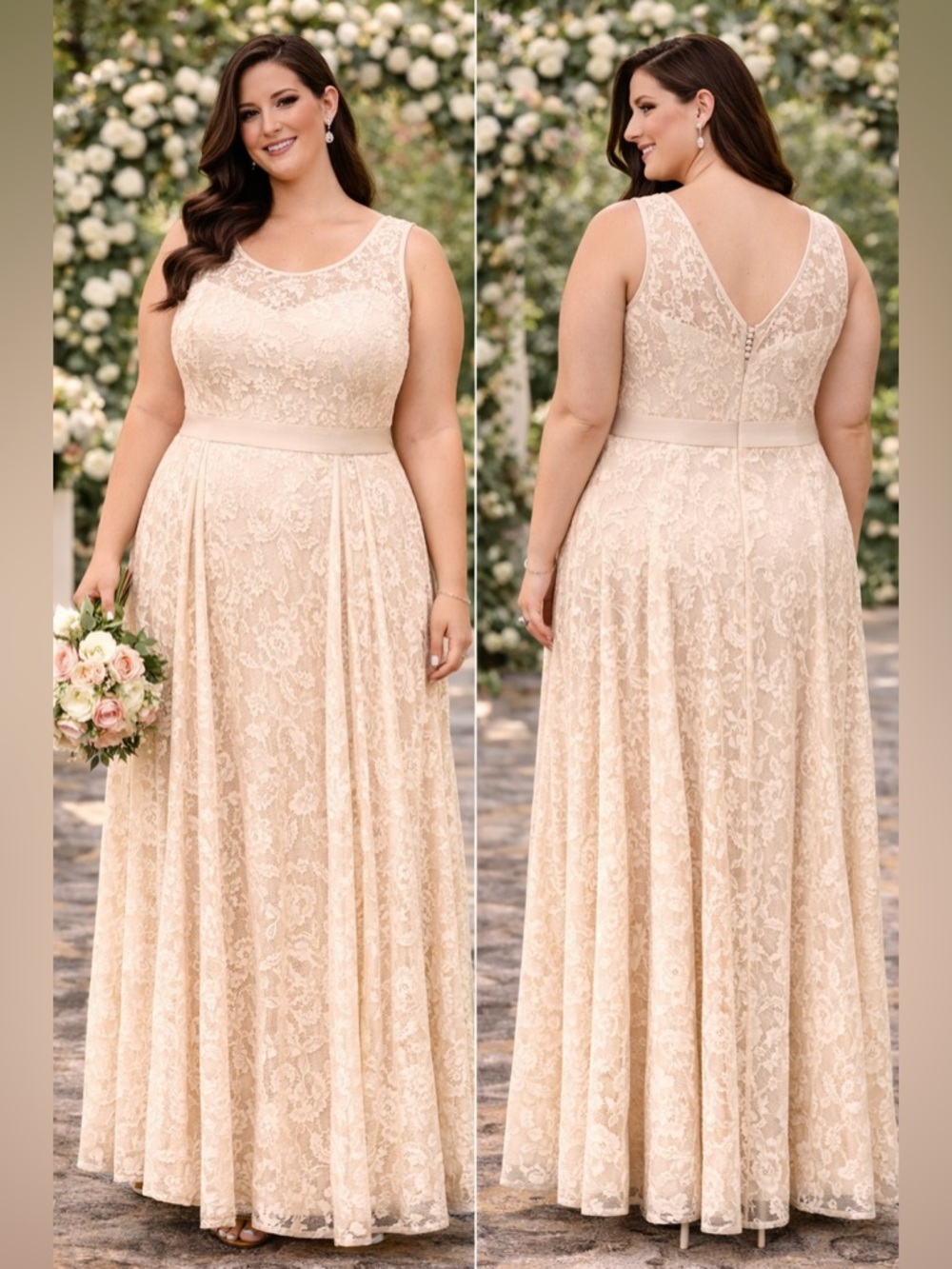Ivory Lace Lined Maxi Dress with Sheer Yoke Plus 2X Womans - Picture 12 of 13
